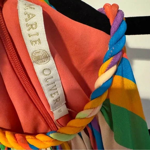 Marie Oliver Elena Striped Silk Halter Multi Colored Midi Dress | S - Picture 3 of 7